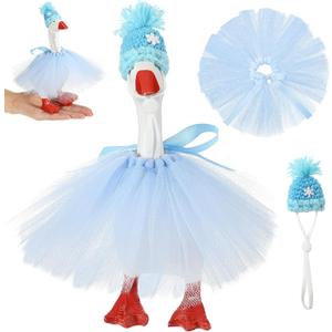 Winter 7 Inch Mini Desk Goose Outfits with Winter Snowfakes Knitting Hat Blue Tutu Dress Mini Desk Goose Customs for Magnetic Statue Key Holder Decor