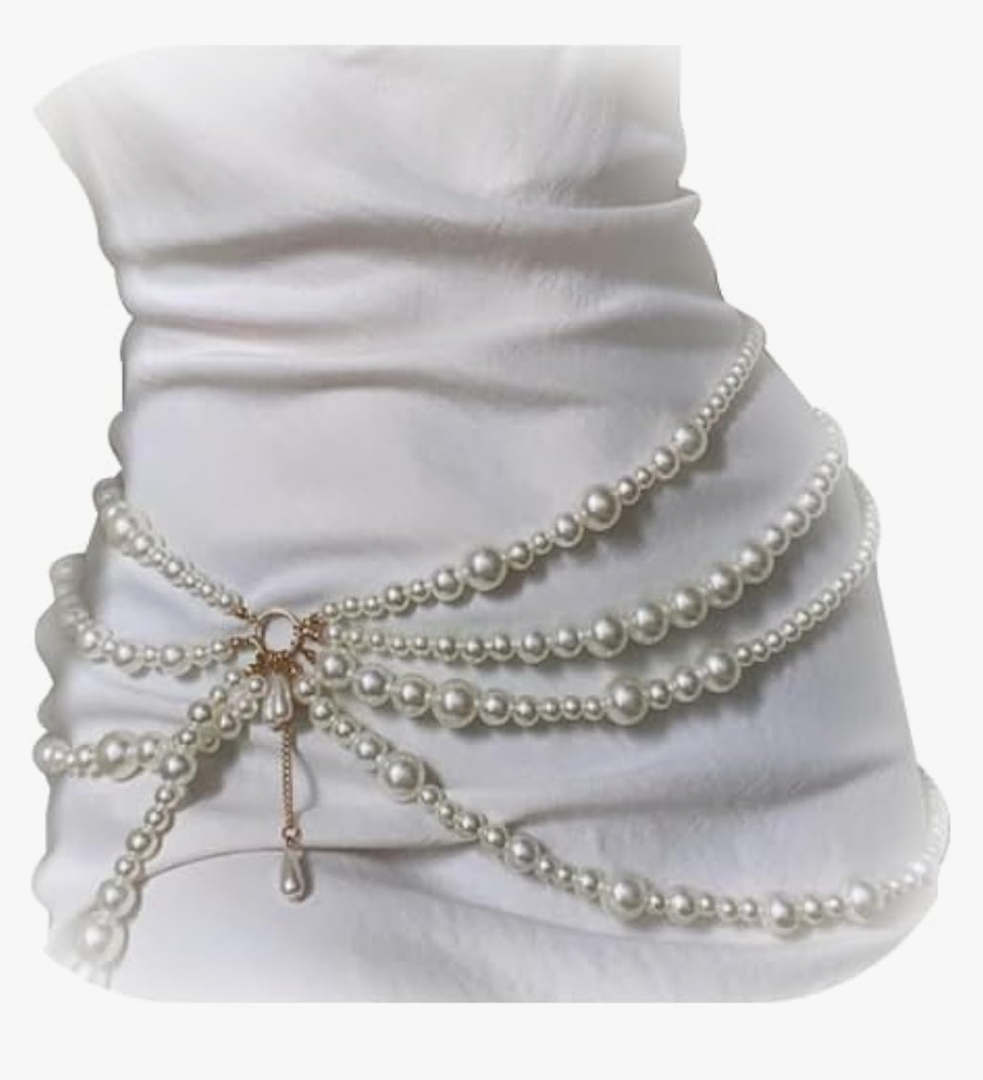 Multi Layered Long Metal Big Pearl Waist Chain Belt Trendy Waistband White Pearl Tassel Hip Belly Body Chain Festival Rave Waist Belt Sweater Dress Belt for Women (Silver)