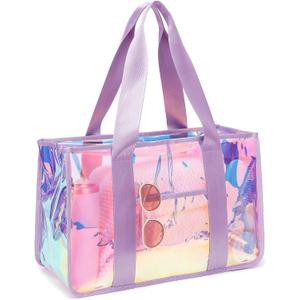 Iridescent Clear Beach Bag for Women, Large Pool Tote Cruise Vacation Essentials - Waterproof, Zipper Closure (Iridesent Purple)