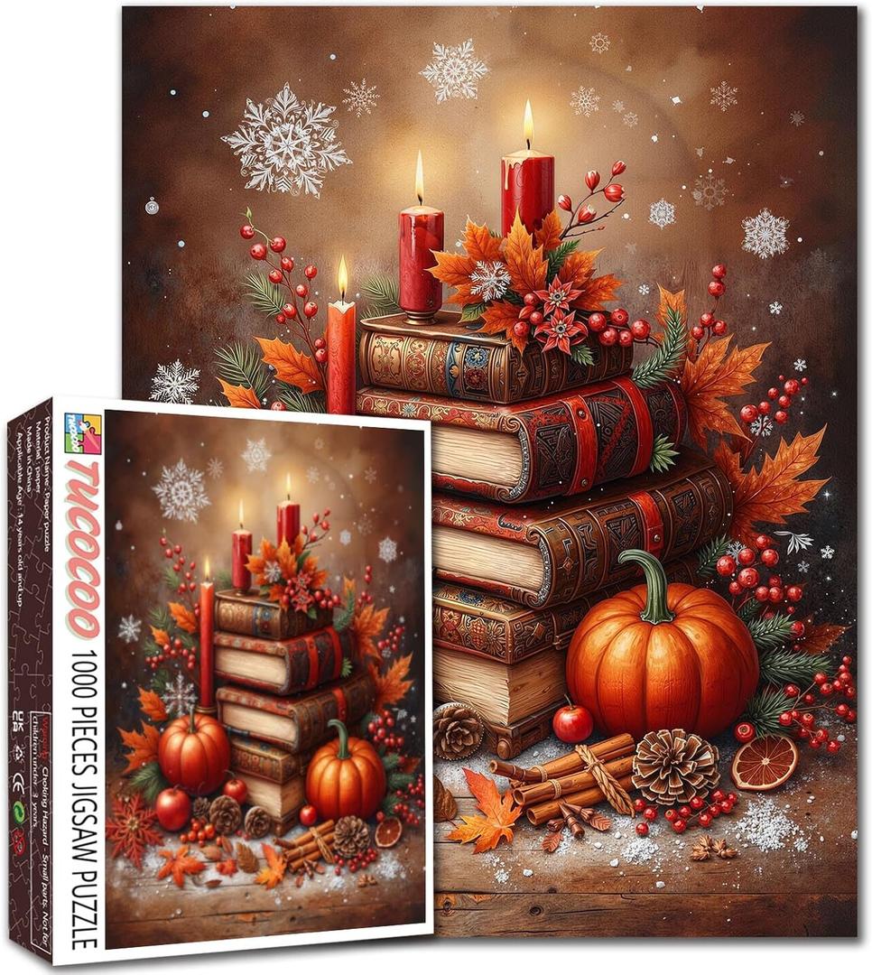 Autumn Books Candles Pumpkins Leaves 1000 Piece Jigsaw Puzzle for Adults Students Cozy Fall Holiday Puzzle Art Home Decor Relaxing Brain Game Vintage Library 2027 Inches Indoor Seasonal Challenge (Puzzle-christmas Scene-05)