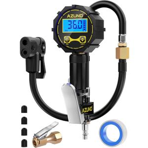 AZUNO Presta Valve Adaptor with Pressure Gauge, 200psi Dual-Port Schrader & Presta Valve Pump, Bike Tire Inflator for Air Compressor, Can Check, Inflate, Deflate for Bicycles, Motorcycles, Cars