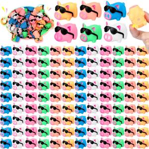 Syhood 150 Packs Mini Rubber Pigs with Sunglasses Sets Pig Bath Toy Bulk Squeaky Piggy Bathtub Toys for Shower Birthday Party Favors Class Carnival Prizes Car Decor