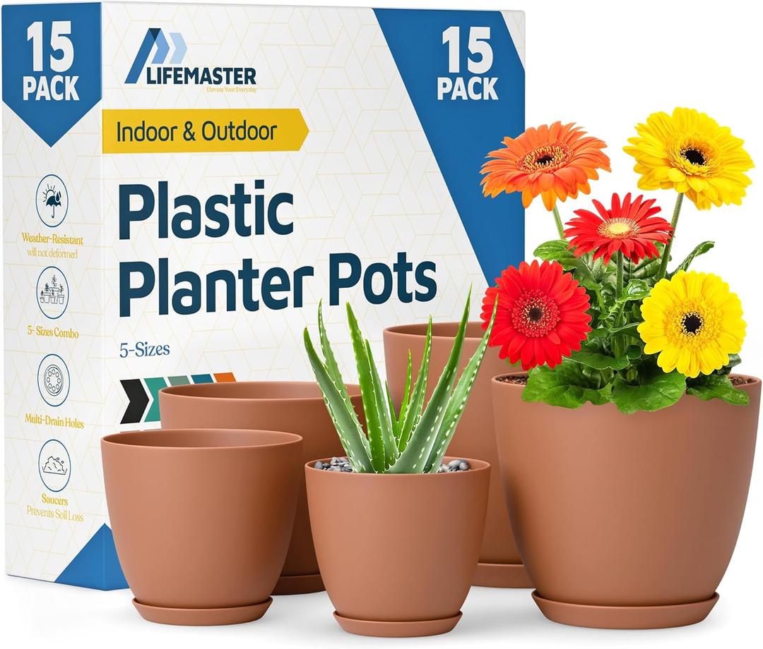 Terracotta Plant Pots with Drainage Holes & Saucers 15 Pack, Indoor & Outdoor Stackable Space-Saving Planters for Houseplants & Flowers, (7", 6.7", 6", 5.3", and 4.8" Inches), Durable & Weatherproof