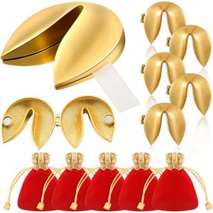 5 Set Gold Fortune Cookie Metal Fortune Cookie Box Individually Wrapped Bulk Paper Message with Red Velvet Bags Kit for Christmas Weddings Decoration Couples Keepsake