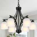 6-Light Black Chandelier Opal Milk Glass Kitchen Pendant Ceiling Light