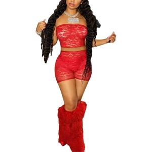 Mintsnow Women's See Through Lace 2 Piece Short Outfit Sheer Mesh Sleeveless Tube Top and Bodycon Shorts Sets Outfit Clubwear (Medium, Red)