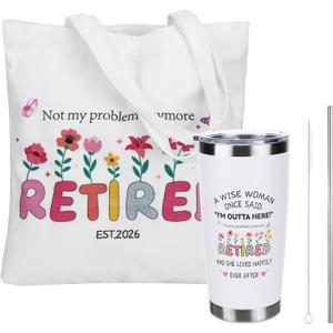 Retirement Gift for Woman, Funny Retiring Double-Sided 20oz Insulated Tumbler with Tote Canvas Bag with Humorous Happy Retired Quotes, Retirement Gifts for Teacher Mom Nurse Doctor Coworker Boss Lady