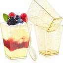 Qeirudu 5 oz Gold Glitter Mini Dessert Cups with Spoons - 50 Pack Plastic Parfait Cups Square Dessert Shooter Cups for Party Serving Pudding Cheesecake Mousse Jello