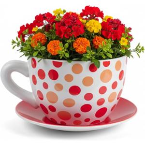 7.5" Round Ceramic Teacup Shape Planter Pot with Saucer for Succulents Orchids Herbs Cactus Indoor Houseplants Flowers, Gift for Mother's Day - Orange Polka Dot Planter
