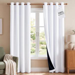 NICETOWN 100% Blackout Window Curtain Panels, Cold and Full Light Blocking Drapes with Black Liner for Nursery, 84 inches Drop Thermal Insulated Draperies (White, 2 Pieces, 52 Wide Each Panel)