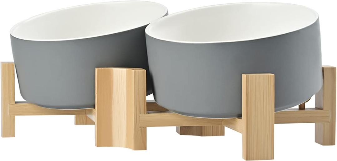 SPUNKYJUNKY 15 Slanted Ceramic Dog and Cat Bowl with Wooden Stand, Tilted Bulldog Food and Water Bowl No Slip Non-Spill for Cats Medium Dogs Big Face Pets 28.7 OZ (3.6 Cups, White-Grey  2)