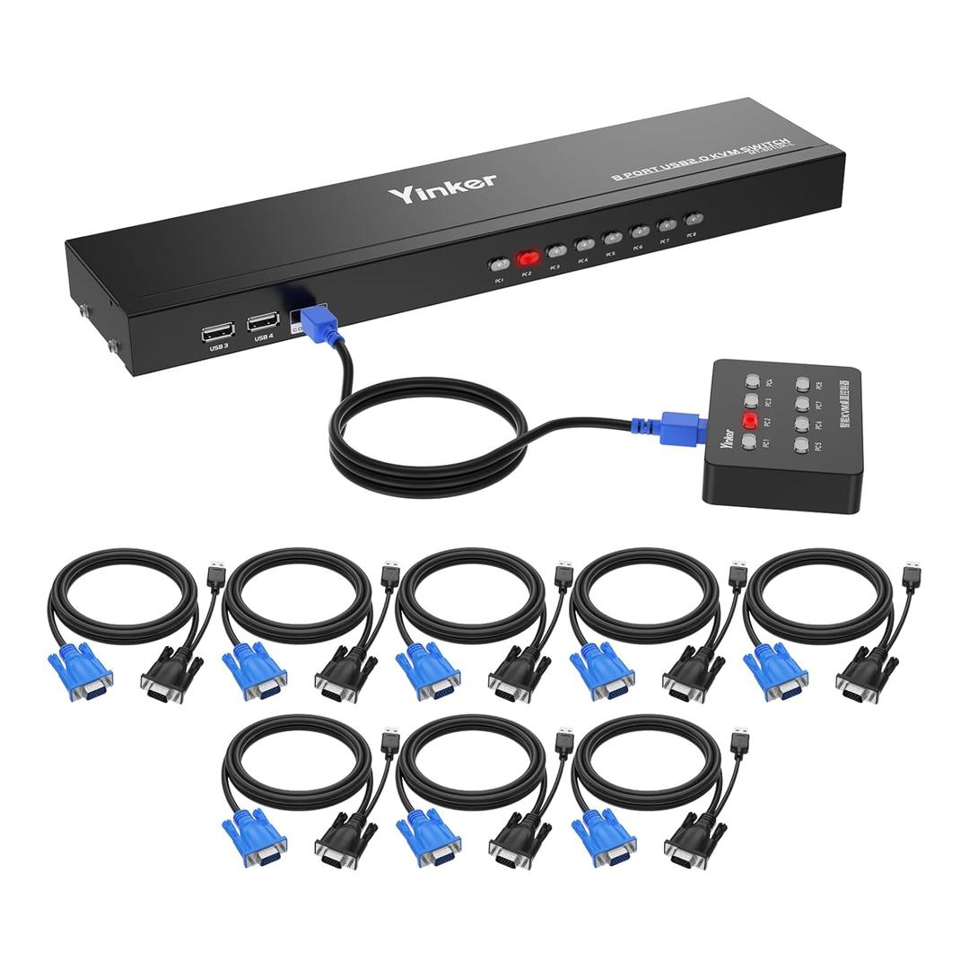 VGA KVM 8 Port Rackmount Switch + 8 KVM Cables + 4 USB Hubs + Wired Desktop Selector + Rack Mount Ears