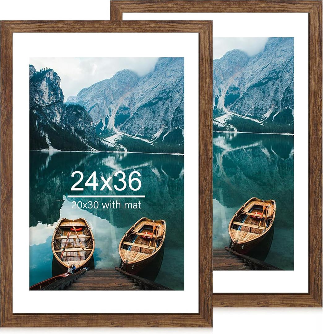 24x36 Poster Frame Set of 2, Rustic Brown Wood Style - Display 20x30 Picture with Mat or 24 x 36 Poster without Mat, Wall Mounting Horizontal and Vertical