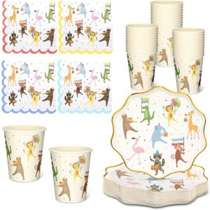 Potchen 150 Pcs Animal Parade Party Supplies Cute Disposable Animal Parade Tableware Set for Birthday Party Decorations Paper Plates and Napkins Cups, Serve 50 Guests