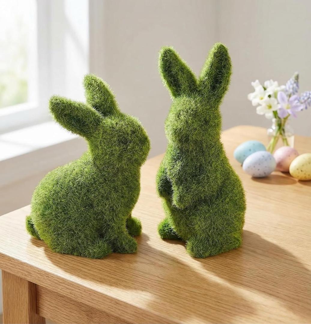 2pcs Flocked Bunny Moss Bunnies, Easter Bunny Decor for Home, Resin Rabbit Figurines for Spring Table Centerpieces, Green Moss Rabbit Statues for Indoor Outdoor Garden & Shelf Decorations(Small Moss)