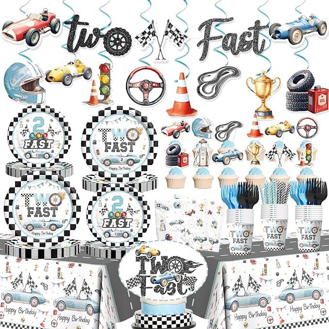 179 PCs Two Fast Birthday Decor, 2 Fast Birthday Decoration with Plates Napkins Tablecloth Hanging Swirls for Boys Vintage Race Car Theme 2nd Party Tableware Set