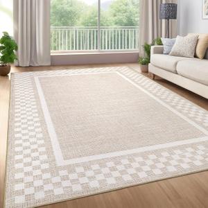 GarveeHome Area Rug 9x12 Living Room Rug Modern Bordered Soft Large Area Rugs for Bedroom Washable Checkered Dining Room Throw Carpet Non Slip Stain Resistant Geometric Rugs for Home Office, Beige