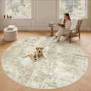 Soalmost Round Rugs 9ft Living Room Circle Area Rug 9x9 Beige/Gray Vintage | Washable Non Slip Abstract Carpet for Apartment, Dining Bedroom, Soft Low Pile Stain Resistant Foldable Floor Mat Entryway