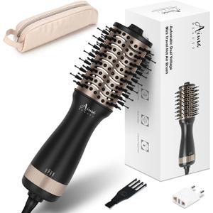 Aima Beauty Mini Travel Hair Dryer Brush 2 Inch Dual Voltage Blow Dryer Brush Hot Air Brush with Oval Barrel 360°Hot Airflow,Negative Ionic Frizz-Free Drying/Straightening/Voluming,Black