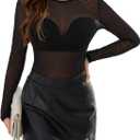 SOFIA'S CHOICE Women's Sheer Mesh Top Long Sleeve See Through Shirts Mock Neck Sexy Fitted T Shirt Black X-Large (Black, XL)