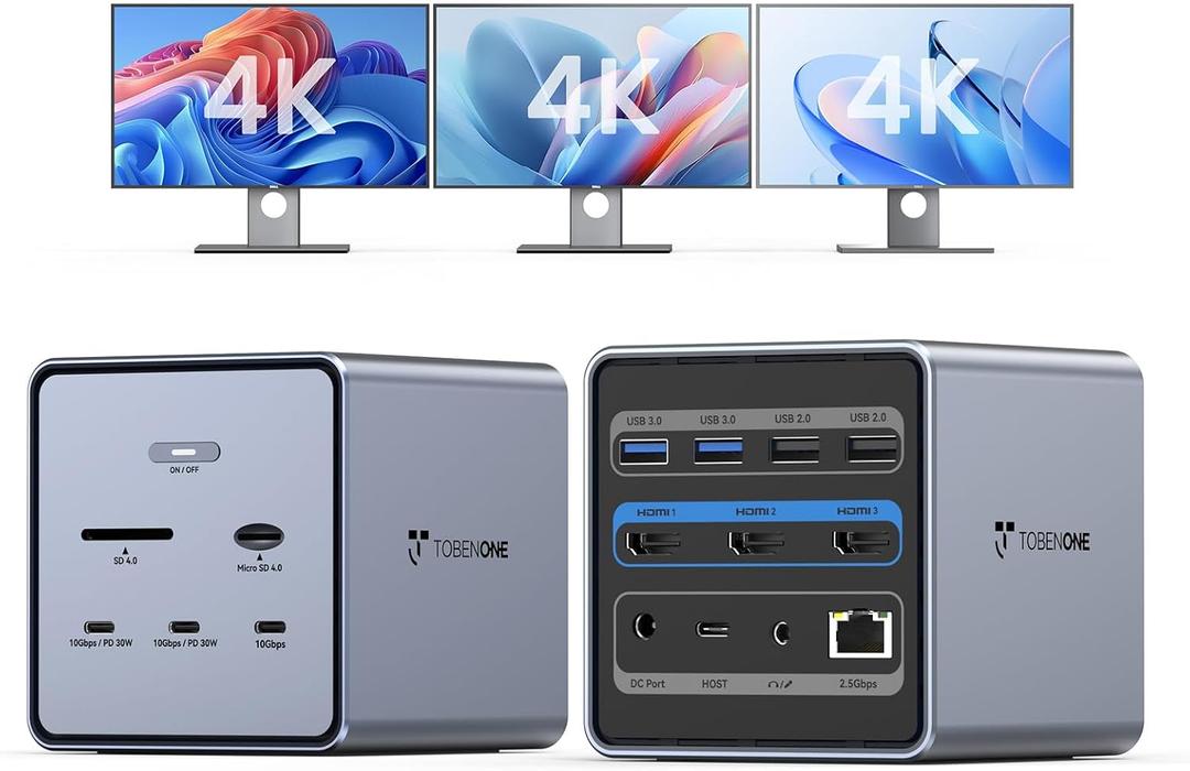 TobenONE 16-in-1 Laptop Docking Station 𝗧𝗿𝗶𝗽𝗹𝗲 𝟰𝗞 Monitor with 150W Power Supply, 3 HDMI, 2.5Gbps Ethernet, 7 USB, USB-C Docking Station for Thunderbolt 5/4/3 Windows/Dell/Lenovo/HP/Asus