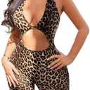 WDIRARA Women's Sexy Romper Leopard Hollow Out Backless Sleeveless Halter Bodycon Short Jumpsuit, L