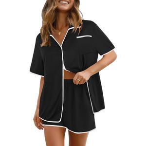 Ekouaer Pajamas Set for Women Short Sleeve Casual Sleepwear Button Down Pj Sets Shorts Soft Loungewear for Summer,S-XXL (Black, M)