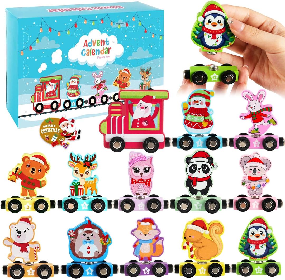 Train Advent Calendar 2025 for Toddlers Kids - Magnetic Wooden Animal Train Gift Set, 24 Days Christmas Countdown Calendar for Toddlers Boys Girls Sensory Learning, Montessori Toys