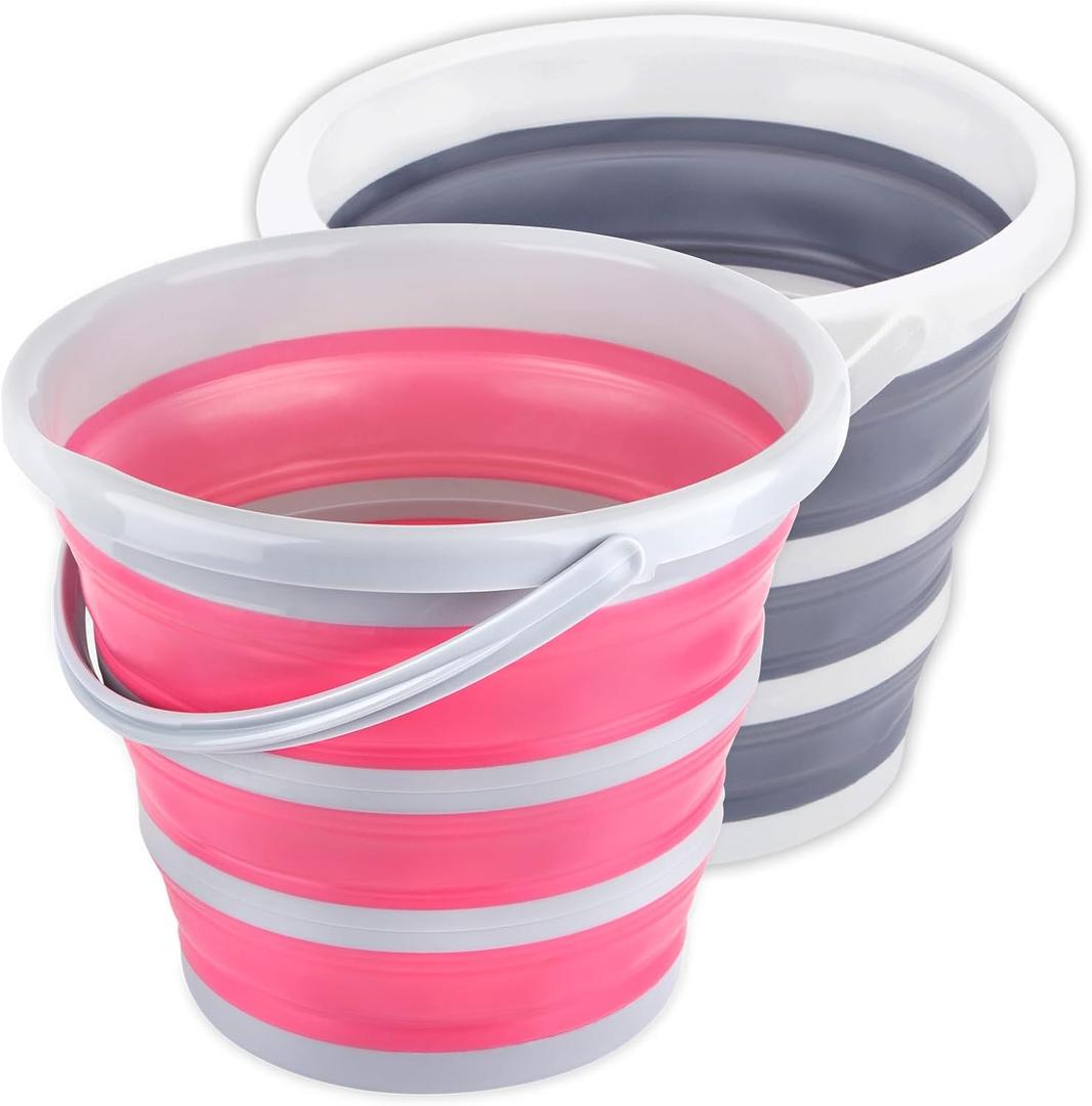 Collapsible Container 10L 2.6 Gallon Cleaning Container Mop Container Folding Foldable Portable Small Plastic Water Supplies for Outdoor Garden Camping Fishing Car Wash Space Saving Grey and Pink