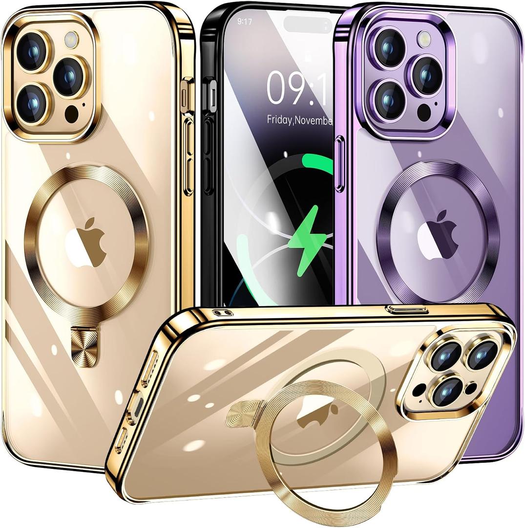 [CD Loop Compatible with MagSafe Invisible Ring Stand]Magnetic for iPhone 14 Pro Max Case, [Electroplated Bumper Non-Yellowing][Look as Bare iPhone]Slim Clear Case with Holder for Women Men Girls (Gold)