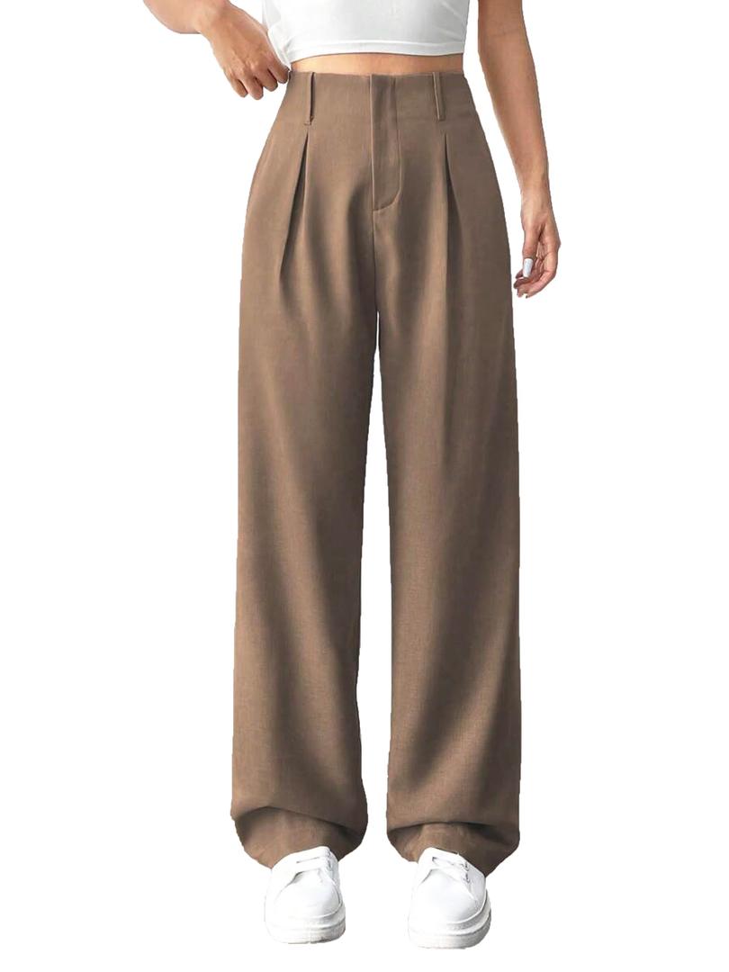 Womens High Waisted Wide Leg Pants Pleated Tailored Trousers with Pockets Business Casual Dress Pants Brown M