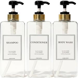 Modern Gold Design Shampoo and Conditioner Dispenser, Large 27oz Shower Soap Dispenser, Set of 3 Refillable Empty Plastic Pump Bottles for Bathroom (6 Waterproof Labels Included), (Clear & Black)