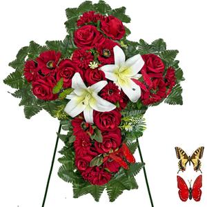 Cemetery Flower for Grave Decorations, Memorial Floral Cross with Easel Stand,Headstone Wreath-Red Rose Hibiscus/White Lily-28 Inch
