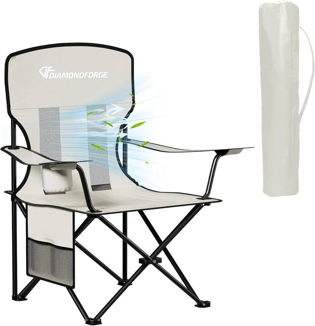 Camping Chairs, High Back Breathable Mesh Camping Chair 300 LBS Capacity, Portable Outdoor Lawn Chair Folding with Cup Holder for Picnic, Lawn, Beach, Fishing and Sports (Grey), Large