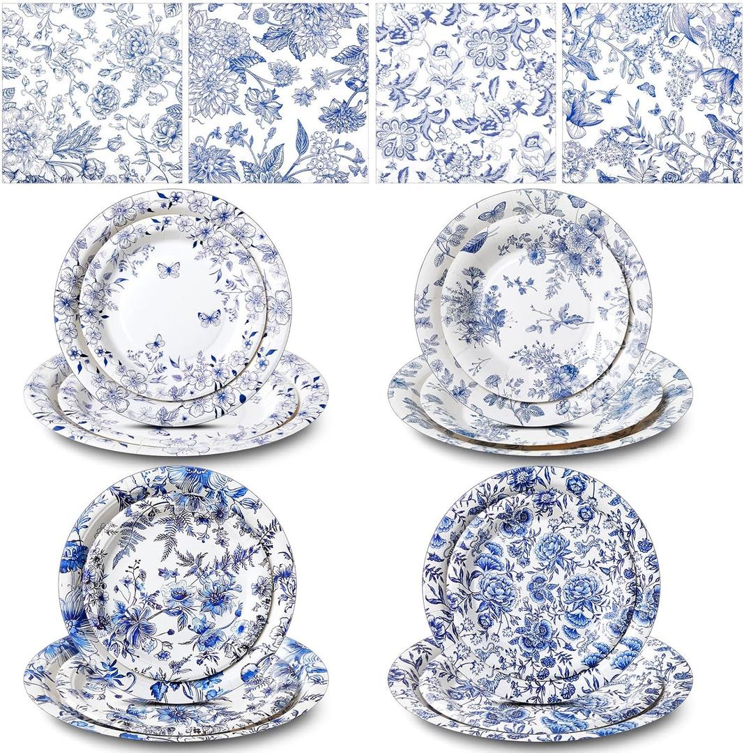 60 Pcs Chinoiserie Blue Floral Paper Plates and Napkins Blue and White Flora Disposable Tableware Set, Serve 20, Vintage Flower for Wedding Bridal Shower Party Supplies Baby Shower and So on