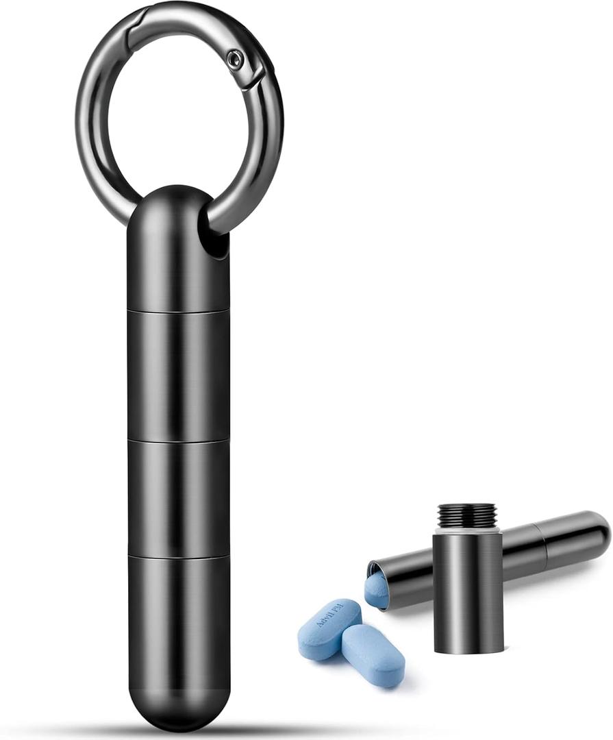 TISUR Keychain Pill Holder, Titanium Pill Case Small Pill Organizer Waterproof Pill Box, EDC Portable Pill Container Metal Tube for Travel Purse Outdoor (Tiny Pill Case+ 2 Separate Compartments)