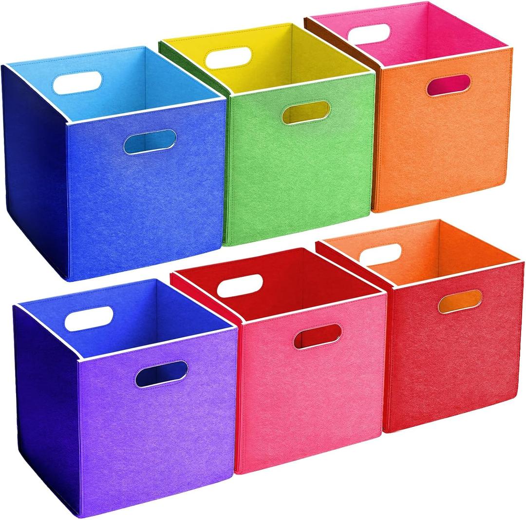 AceOrbit 6 Pcs 11 Inch Colorful Felt Storage Cubes with Handle, Collapsible Fabric Storage Cubes Bins Foldable Baskets for Playroom, Bedroom, Books, Clothes(Rainbow)