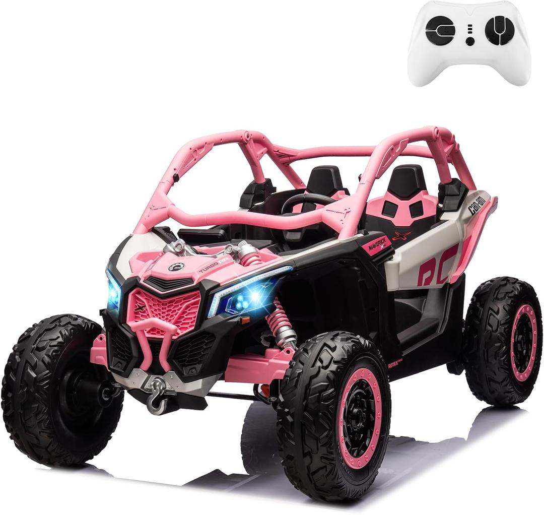 2 Seater Ride on UTV Car, Licensed Can-Am Electric Off-Road Car, 4WD Kids Truck w/Remote Control, 2 * 24V 7AH Batteries, 4 * 200W Motor, 23" Large Seat, EVA Tires, Spring Suspension (Pink)