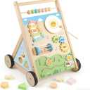 Wooden Baby Walker, Baby Walker with Wheels, Includes Montessori Sensory Toys and Activity Center, 6-18 Months for Boys and Girls, Medium