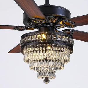 Asyko Crystal Ceiling Fan Fandelier with Lights - Modern Black Chandelier Fans with Remote ControlNoiseless AC Motor, Retro/Farmhouse Lighting, Dining Room Living Room (52"