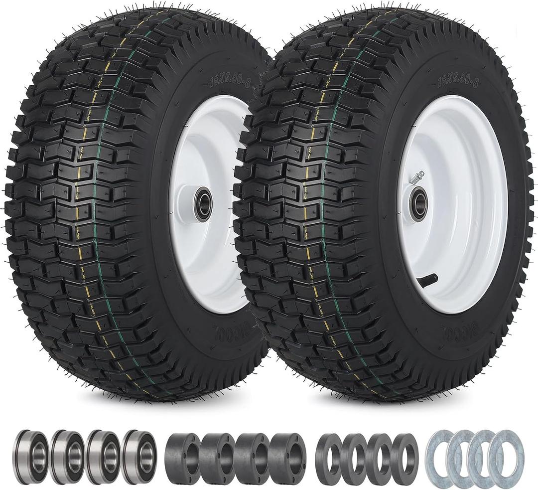 GICOOL 16x6.50-8 Tubeless Tire and Wheel, 16x6.5-8" Lawn Mower Tires, 3"-4.5" Offset Hub, 3/4" or 5/8" Bearing, Universal Fit Riding Mower and Garden Tractor Front Wheels, 4 Ply, Turf Pattern, 2 Pack