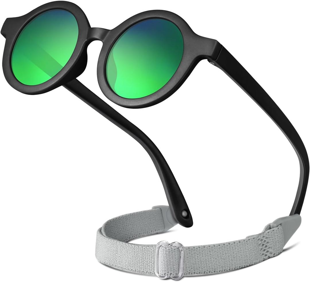2 x RIVBOS Baby Aviator Wrap Polarized UV400 Sunglasses Soft Frame Secure Strap Toddler,Infant and Newborn (0-18 Months) RBK068 (Black Round&ice Green Lens)