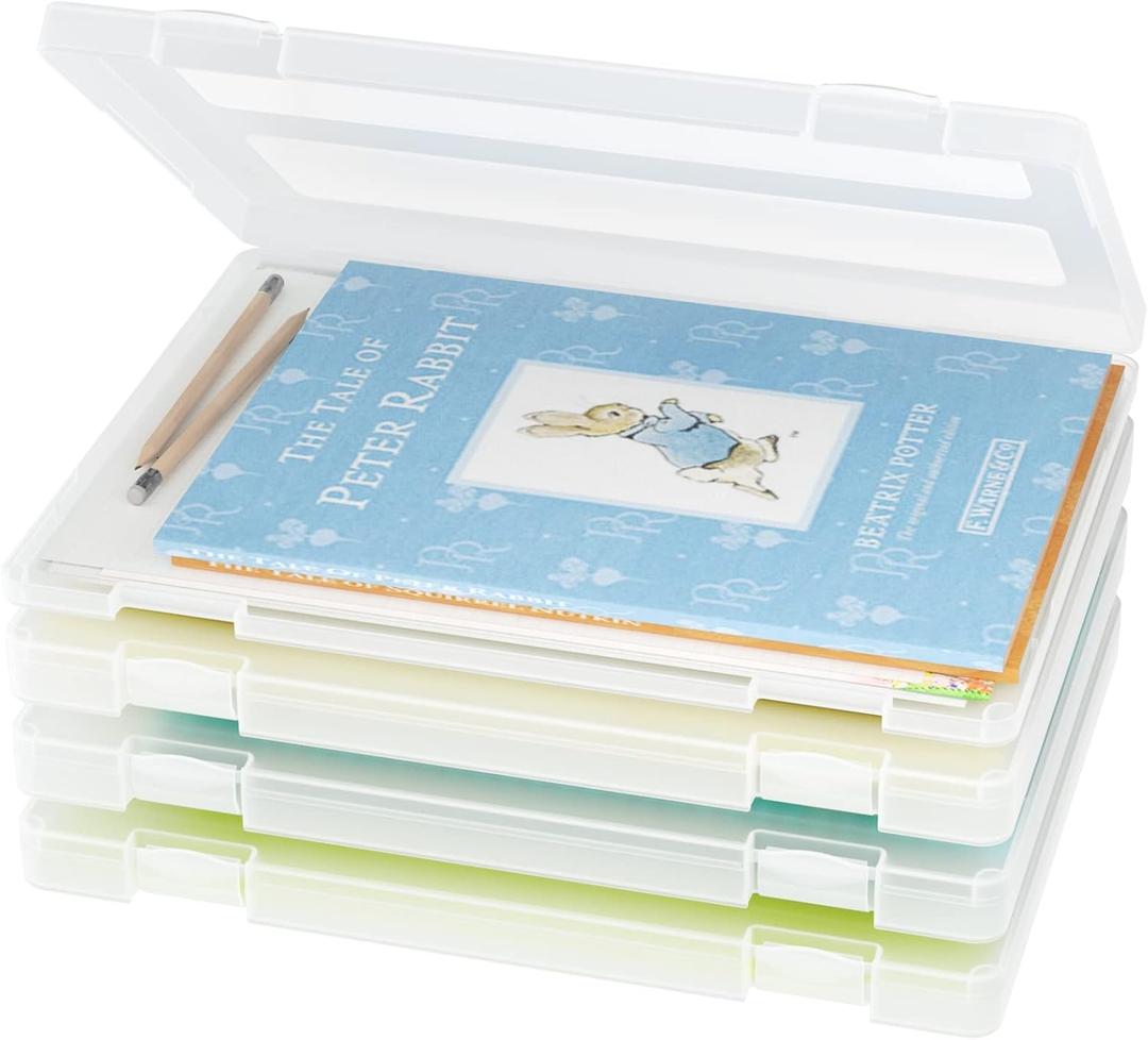 iBune 4-Pack A4 Plastic Paper Organizer Box, Scrapbook Storage for 8.5 x 11 Letter Papers, Portable Document Holder, Photo Storage Box Sticker Art Supplies Organizers, 12.2 x 8.9 x 0.7 Inner Size