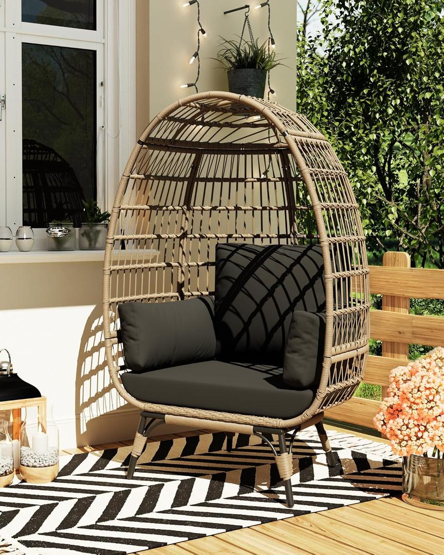 Hipicute Oversize Wicker Egg Chair Outdoor with Steel Frame, Egg Basket Lounge Chair with 4 Cushions, Egg-Shaped Chair for Patio, Porch, Backyard, Living Room
