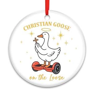 Funny Christian Goose Ceramic Ornament – “On The Loose” Cute Holiday Tree Decoration, Religious Meme Gift for Goose Lovers
