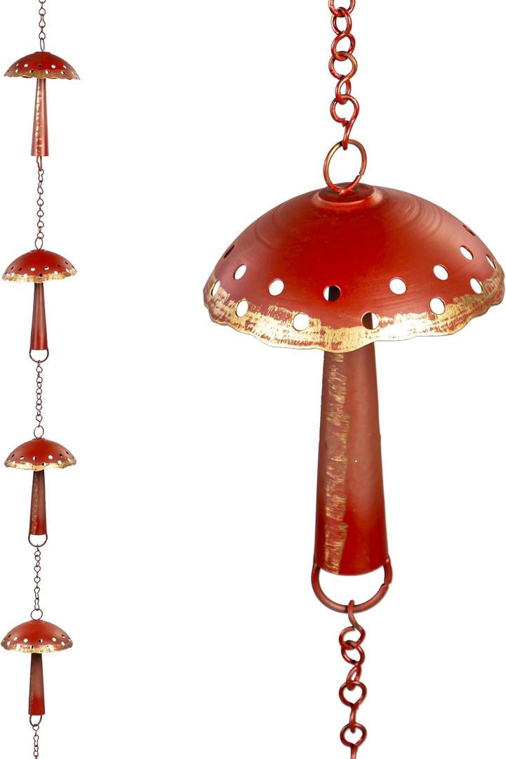 Evergreen Garden 6 Ft Rain Chain Outdoor Downspout Alternative  Red Mushroom Gutter Decoration for Porch, Yard, or Patio  Rustic Copper Look Water Feature for Home or Garden Decor