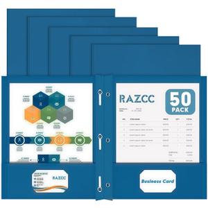 Two Pocket Folders, RAZCC 50 Pack Two Pocket Folders with Prongs, 3 Prong Folders Fit Letter Size Paper, Pocket File Folders for School Office Home Business, Dark Blue