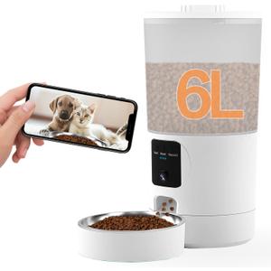 Automatic Cat Feeder with 2K Camera and Smart App, 6L Smart Pet Food Dispenser for Cats/Dogs, Timed Auto Control Meals, 2.4G / 5G WiFi, Auto Pet Feeder for Cats and Dogs, Easy Clean