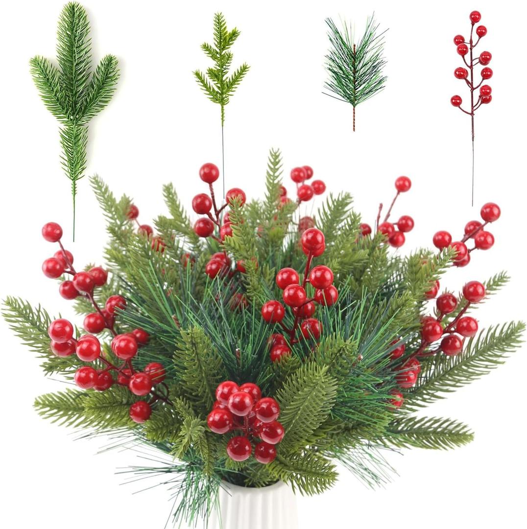 60 Pcs Artificial Christmas Greenery Faux Pine Branches with Red Berry Stems Fake Greenery Pine Picks Christmas Pine Needles for Christmas Tree Wreath Garland DIY Crafts Holiday Home Decoration