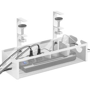 DELAMU Under Desk Cable Management Tray, No Drill Metal Mesh Cable Management Under Desk with F-Clamp Mount & 2 Open Holes, Cord Organizer for Home Office, 1 Pack, White